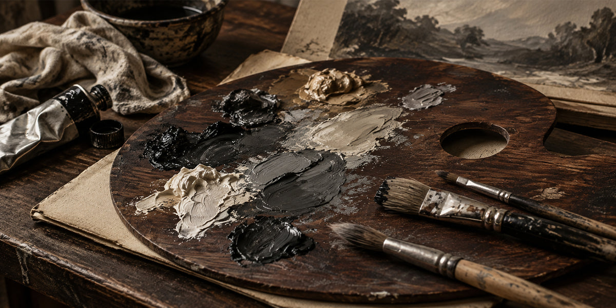 Close view of a hand-painted landscape with visible texture