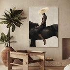 Woman in Straw Hat Riding a Black Horse