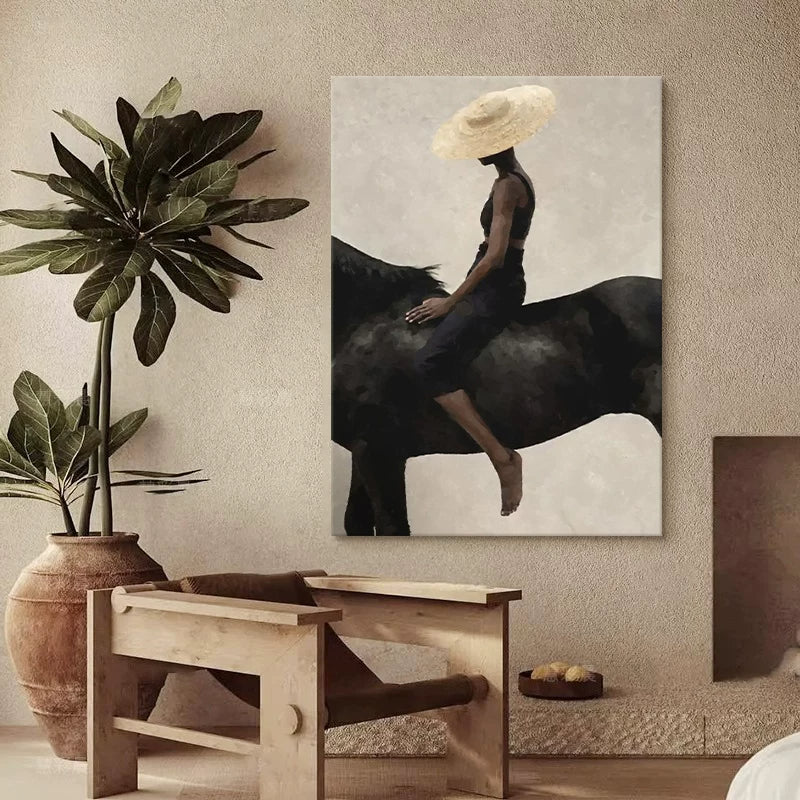 Woman in Straw Hat Riding a Black Horse