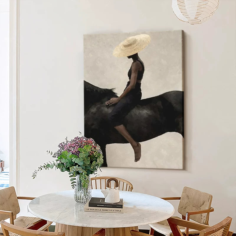 Woman in Straw Hat Riding a Black Horse