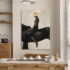 Woman in Straw Hat Riding a Black Horse