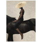 Woman in Straw Hat Riding a Black Horse