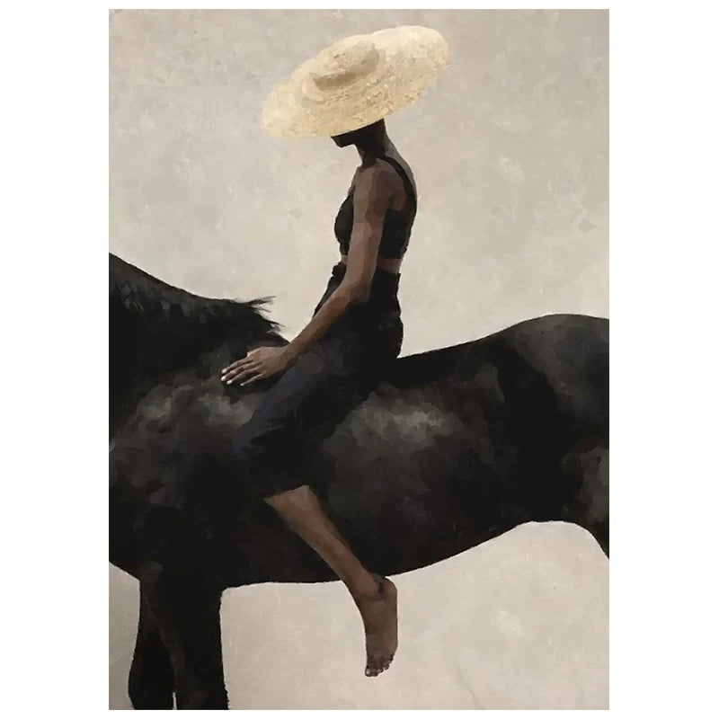 Woman in Straw Hat Riding a Black Horse