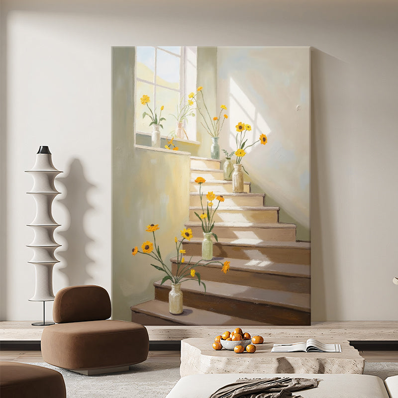 Yellow Flowers on Sunlit Stairs
