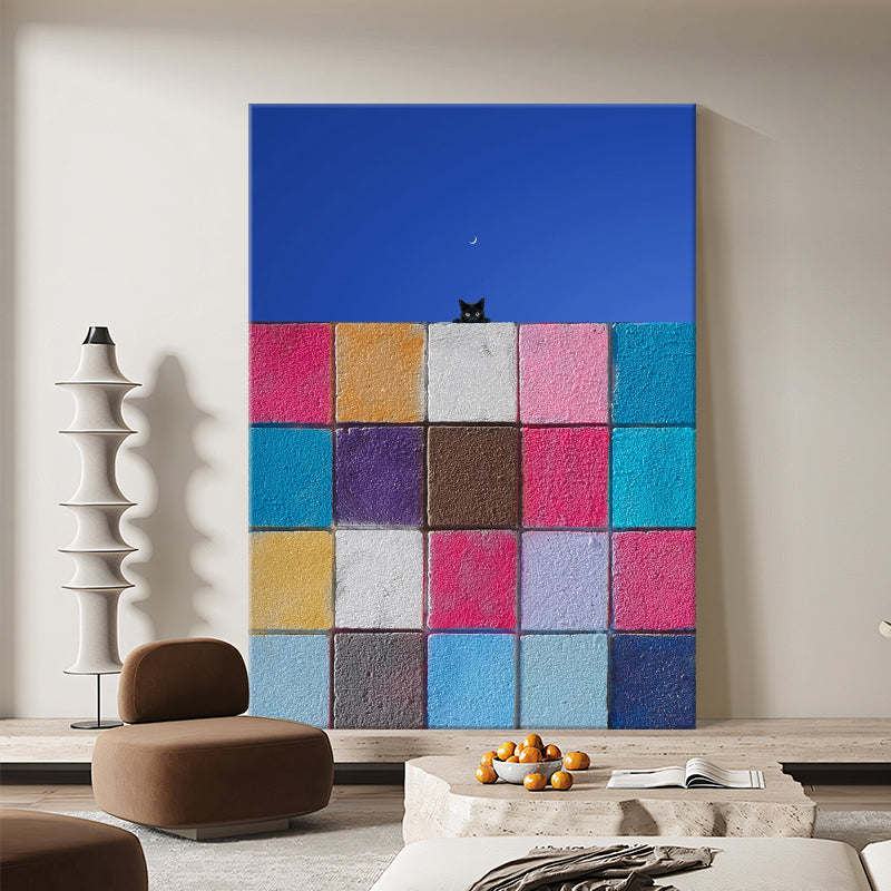 Geometric Color Block Wall and Crescent Moon