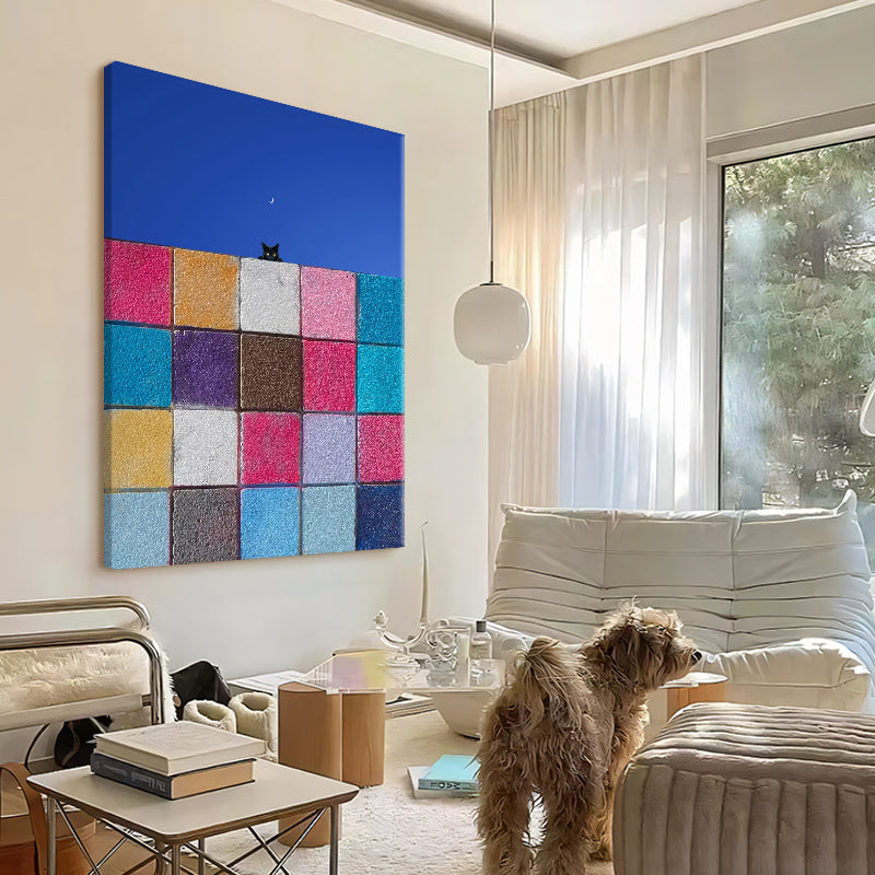 Geometric Color Block Wall and Crescent Moon