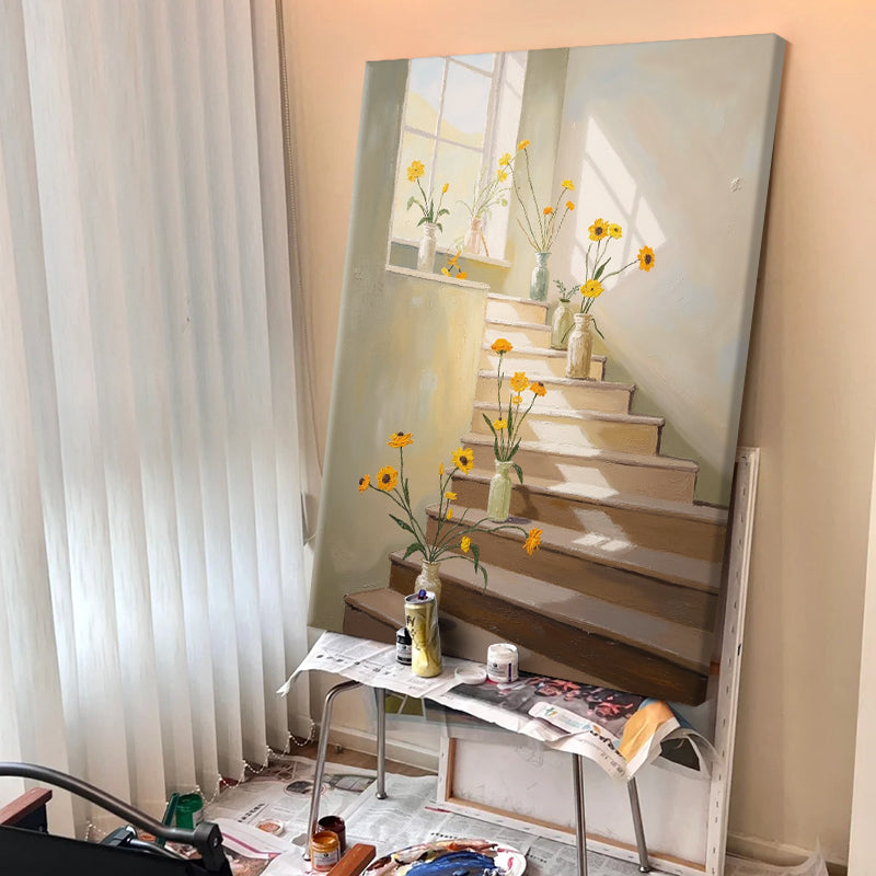 Yellow Flowers on Sunlit Stairs