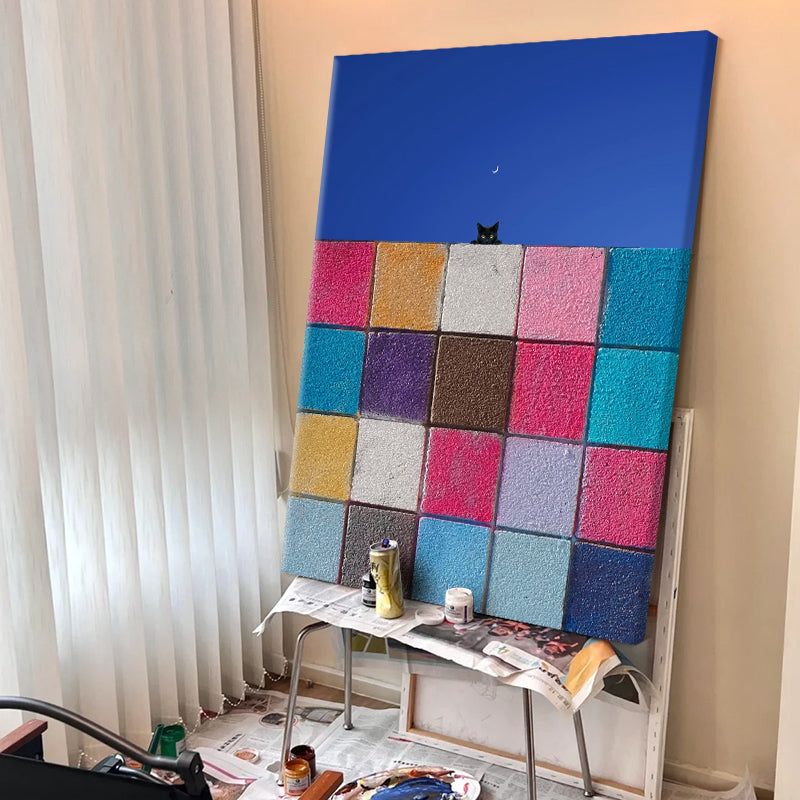 Geometric Color Block Wall and Crescent Moon