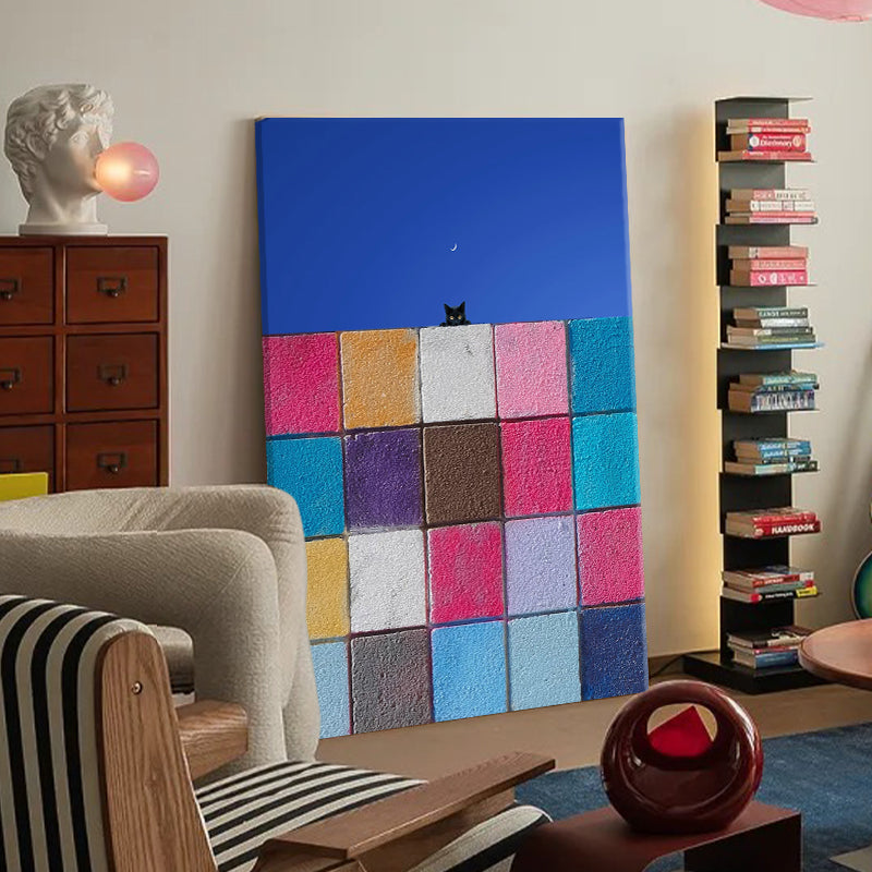Geometric Color Block Wall and Crescent Moon