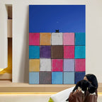 Geometric Color Block Wall and Crescent Moon