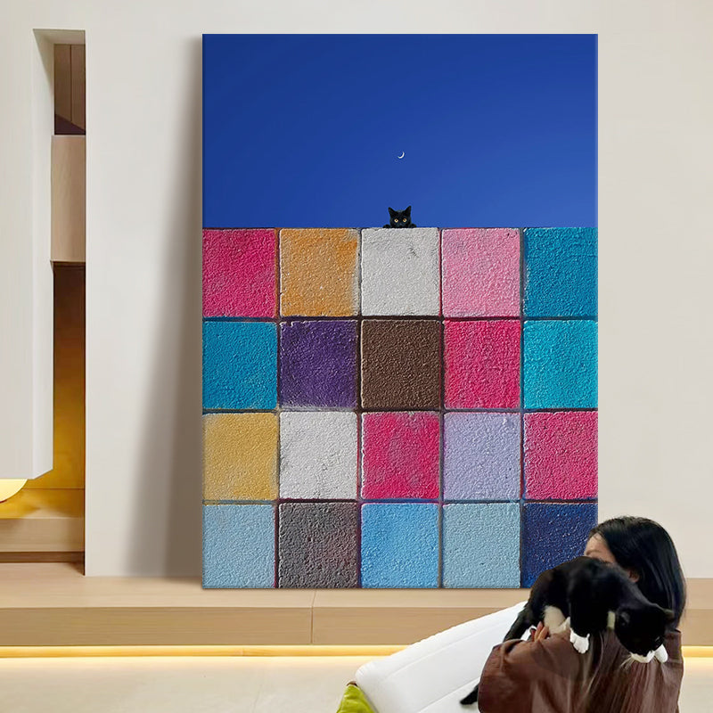Geometric Color Block Wall and Crescent Moon