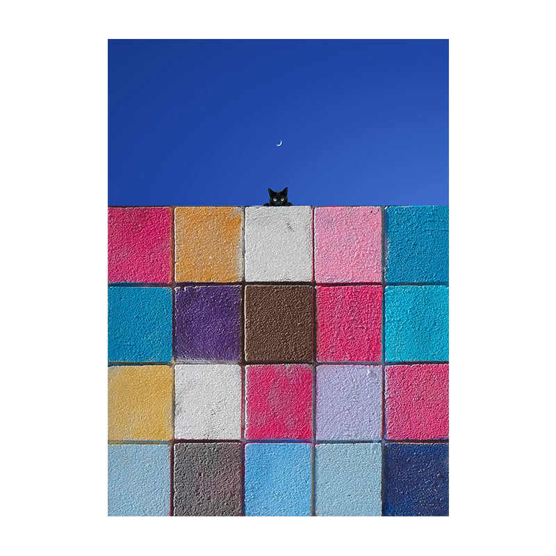 Geometric Color Block Wall and Crescent Moon